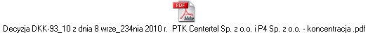 Decyzja DKK-93_10 z dnia 8 wrze_234nia 2010 r.  PTK Centertel Sp. z o.o. i P4 Sp. z o.o. - koncentracja .pdf